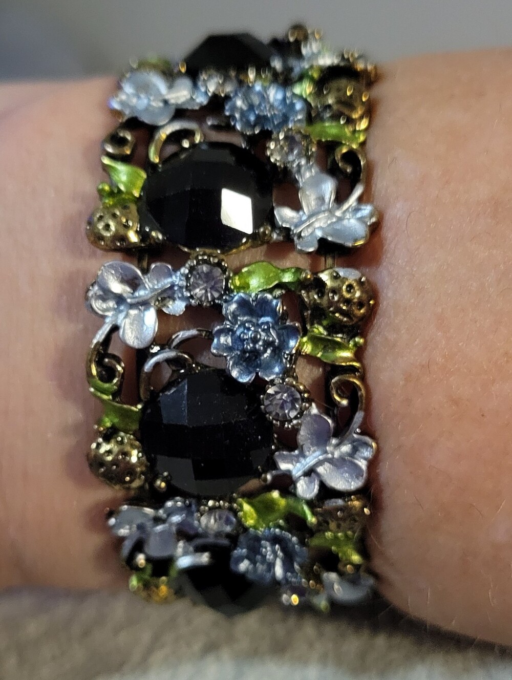 Vintage Enameled Butterfly Flower Ladybug Hinged Cuff Bracelet Antique Bracelet